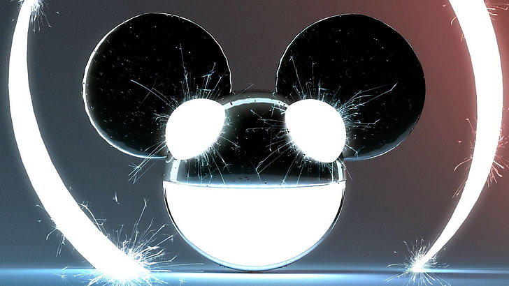 white and black Hidden Mickey logo, deadmau5, sparks, mouse, smile, eyes, HD wallpaper