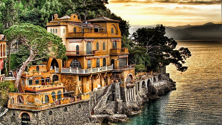 villa, belo, incrível, genoa, europa, porto, costa, itália, construção, fachada, turismo, céu, atração turística, árvore, água, mar, HD papel de parede