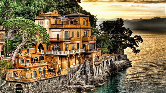 ヴィラ、美しい、素晴らしい、ジェノヴァ、ホテル、ヨーロッパ、ポルトフィーノ、港、港、海岸、イタリア、建物、ファサード、観光、空、観光名所、木、水、海、 HDデスクトップの壁紙 HD wallpaper