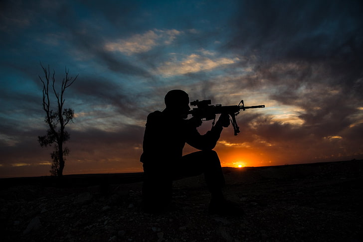 Military, Soldier, Gun, Silhouette, Sunset, HD wallpaper