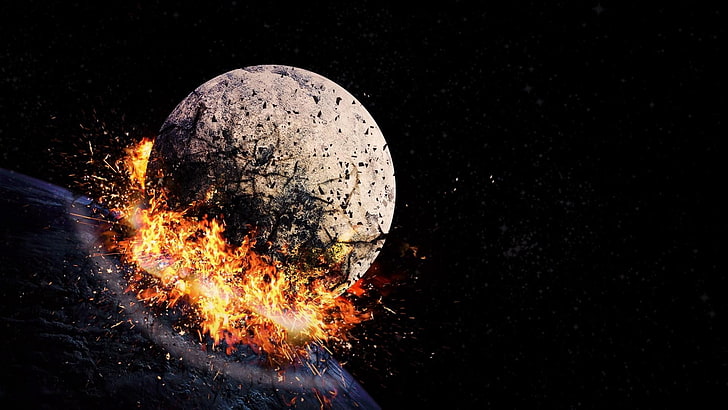Ilustración de luna explosiva, espacio, golpe, explosión, explosión, fragmentos, Fondo de pantalla HD