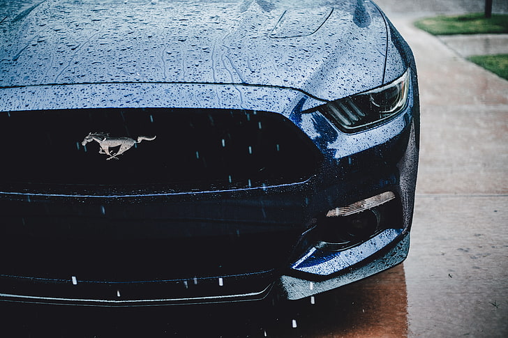 Ford Mustang nera, Ford Mustang, faro, vista frontale, pioggia, Sfondo HD