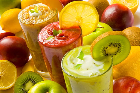 kiwi, frutta, lampone, mela, frullati, mango, arancia, fragola, Sfondo HD HD wallpaper