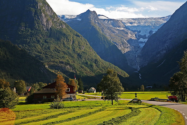 green leafed trees, road, mountains, Norway, Sogn og Fjordane, Stryn, HD wallpaper