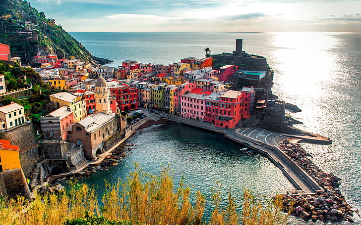 Vernazza, miasto, Włochy, Cinque Terre, domy, skały, wybrzeże, Vernazza, miasto, Włochy, Cinque, Terre, domy, skały, wybrzeże, Tapety HD