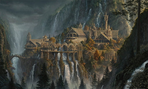 waterfall j r r_ tolkien the lord of the rings artwork rivendell fantasy art, HD wallpaper HD wallpaper
