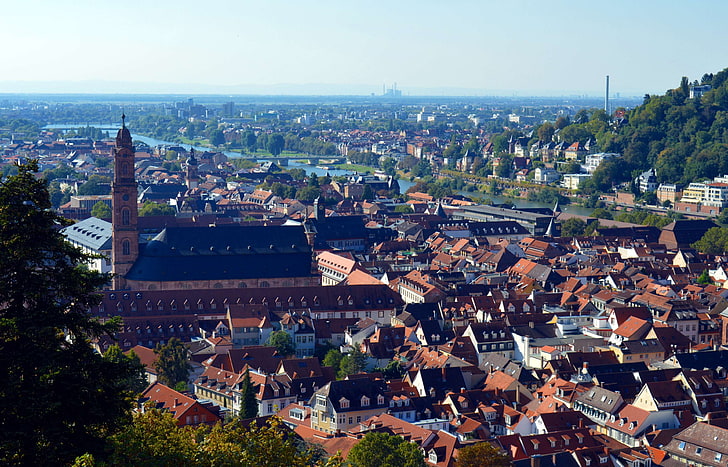 замък, църква, град, Германия, Хайделберг, Heiliggeistkirche, исторически град, исторически, средновековен град, Nekar, панорама, покриви, HD тапет