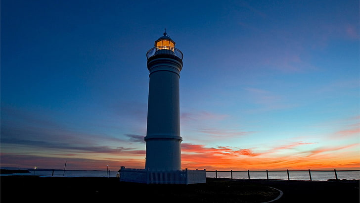night, lighthouse, sunset, sea, coast, sky, HD wallpaper