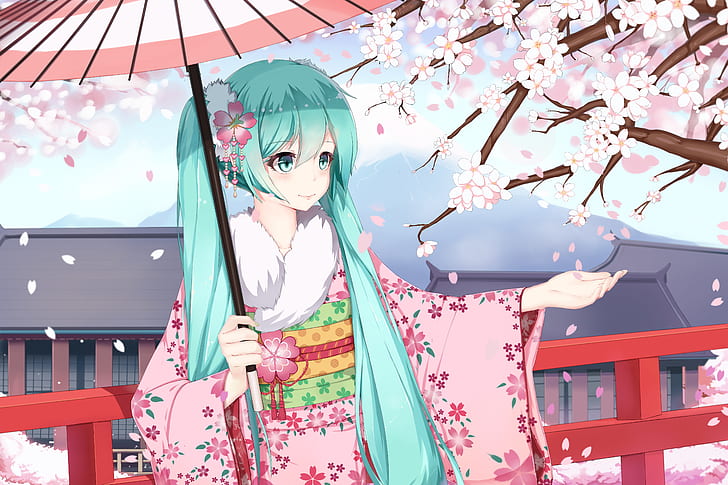 Anime, Vocaloid, Blue Eyes, Blue Hair, Girl, Hatsune Miku, Kimono, Petal, Sakura Blossom, Smile, Twintails, Umbrella, HD wallpaper
