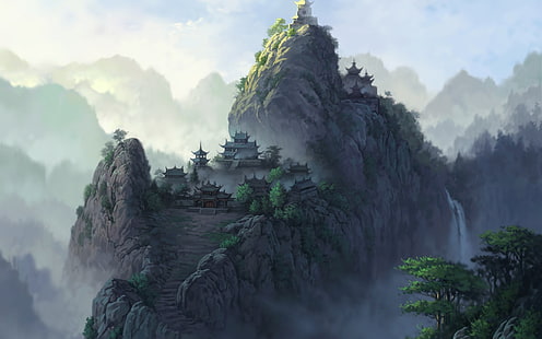 Fondo de pantalla de pagoda, aplicación de juego de acantilado gris y verde, anime, paisaje, arte de fantasía, Fondo de pantalla HD HD wallpaper