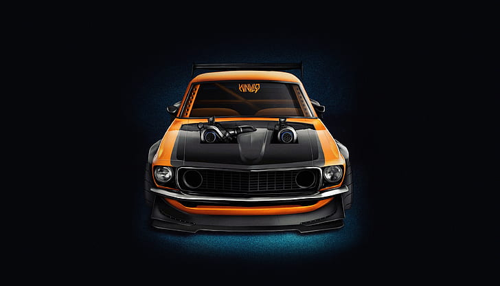 Mustang, Ford, Auto, Machine, Orange, Background, 1969, Car, Ford Mustang, Muscle car, The front, Render, Transport and Vehicles, Orange color, by ANDREAS WENNEVOLD, ANDREAS WENNEVOLD, JF-Boosted '69 Mustang Twin Turbo // WNVLD, HD wallpaper