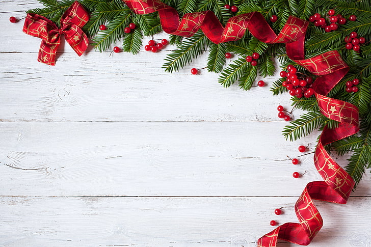 karangan bunga merah dan hijau, Natal, Tahun baru, kayu, selamat natal, dekorasi, Wallpaper HD