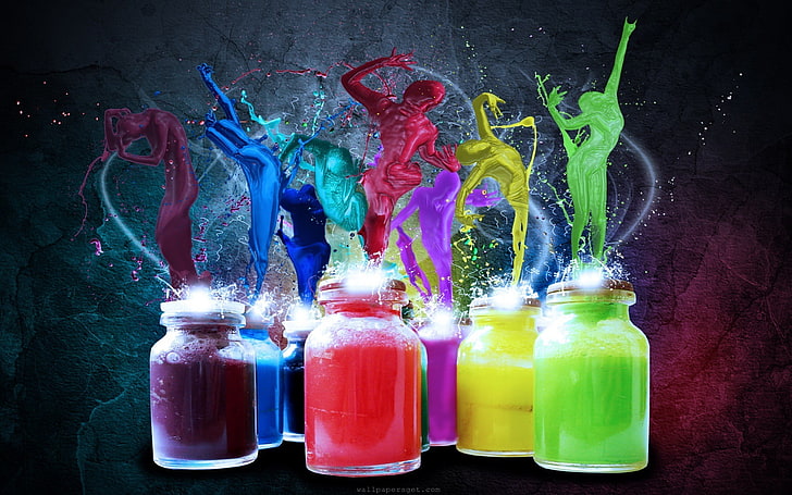 different colors of splash paints, colorful, paint splatter, digital art, paint can, HD wallpaper