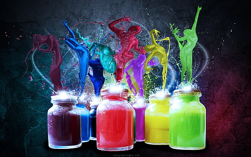 different colors of splash paints, colorful, paint splatter, digital art, paint can, HD wallpaper HD wallpaper