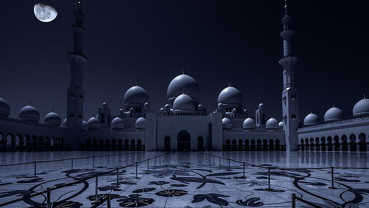 moonlit, moonlight, moon, asia, united arab emirates, abu dhabi, tourist attraction, building, darkness, daytime, landmark, arch, sky, architecture, black and white, sheikh zayed mosque, night, dome, mosque, HD wallpaper
