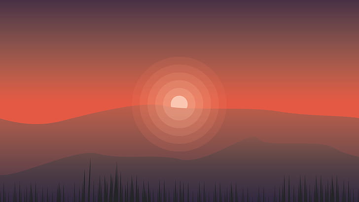 minimalismo, montañas, puesta de sol, vector, cielo, paisaje, arte digital, Fondo de pantalla HD