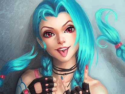garota no personagem de cabelos verdes, League of Legends, videogame, ADC, mulheres, línguas, piercing, Jinx (League of Legends), Jinx, cabelos azuis, olhos vermelhos, HD papel de parede HD wallpaper