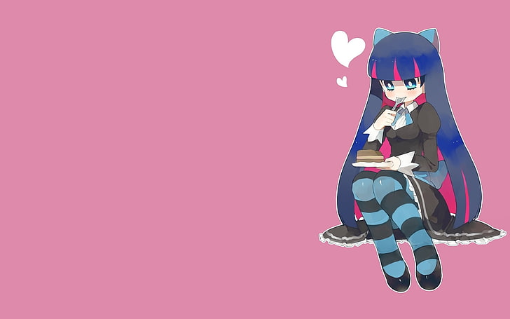 Panty and Stocking with Garterbelt, cake, Anarchy Stocking, striped leggings, lolita fashion, blue hair, pink hair, hair accessories, blue eyes, blushing, spoon, simple background, pink background, heart, HD wallpaper