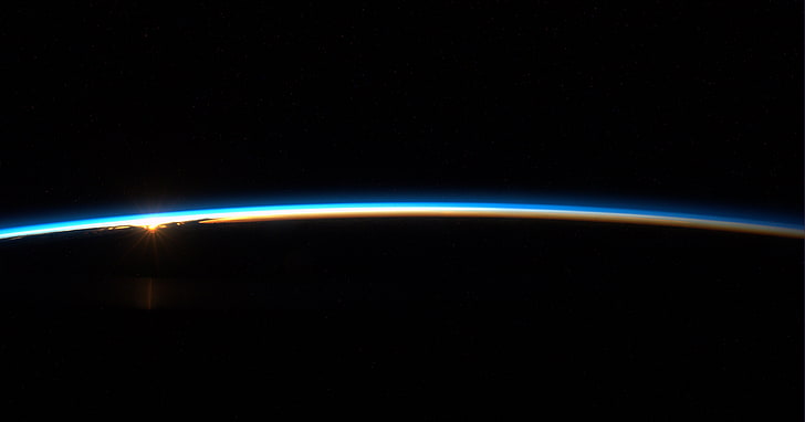 чёрно-синий ноутбук, космос, Земля, горизонт, блики, темнота, планета, HD обои
