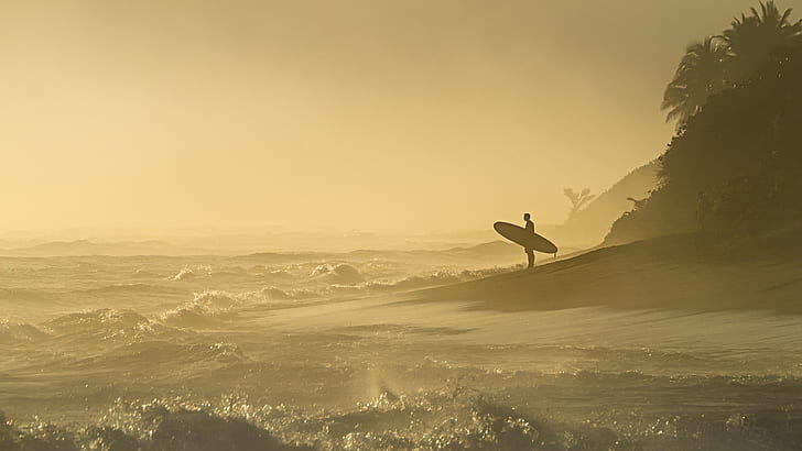 wind, shore, wave, sea, surf, ocean, surfing, morning, wind wave, sunrise, surfer, coast, surfboard, surging sea, HD wallpaper