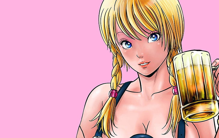 노란 머리 소녀 만화 캐릭터, 애니메이션, 맥주, HD 배경 화면