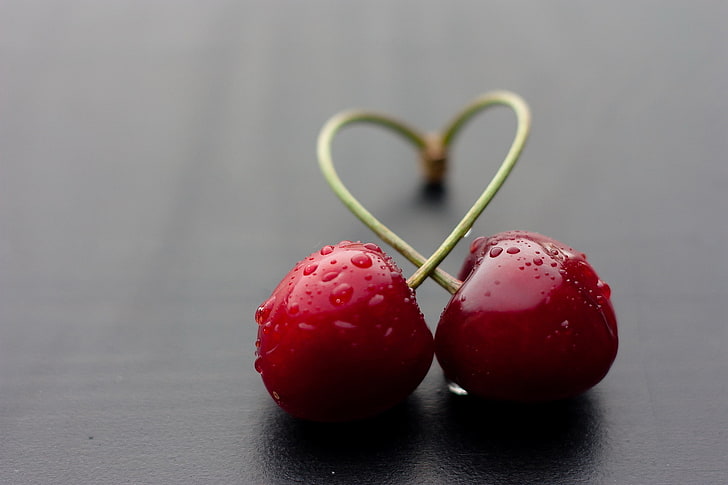 Drops On Cherry Fruit, two cherry fruits, Nature, Food, red, water, cherry, drops, HD wallpaper