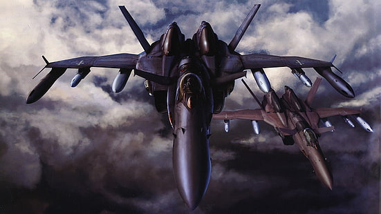 due aerei da combattimento neri e grigi, militari, Macross, aerei militari, veicoli, aerei, opere d'arte, Macross Zero, Sfondo HD HD wallpaper