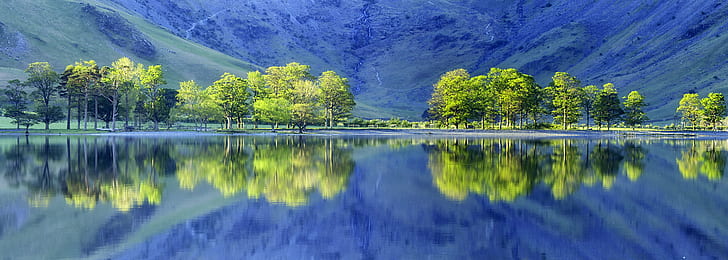 зелени дървета до водното тяло през деня, метлица, метило, метлица, зелено, дървета, водно тяло, през деня, Lake District, бял бор, Fleetwith щука, дъно, природа, планина, езеро, пейзаж, живопис, отражение, на открито, вода, дърво, синьо, красота В природата, HD тапет