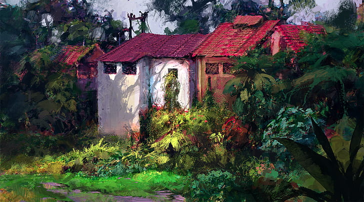 Finnian MacManus, painting, watercolor, village, colorful, nature, backyard, rural, HD wallpaper