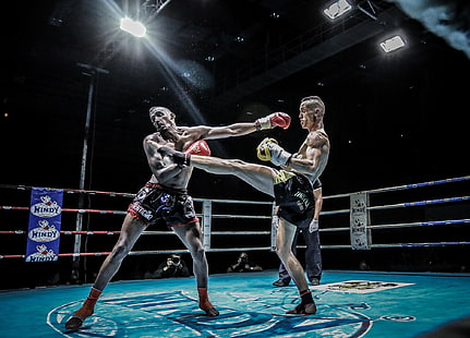 attaque, coup, la bague, Thai Boxing, photographe, combattants, bienvenue, le juge, Boxe, Boxe Thai, Olivier Ahpoor, Fond d'écran HD HD wallpaper