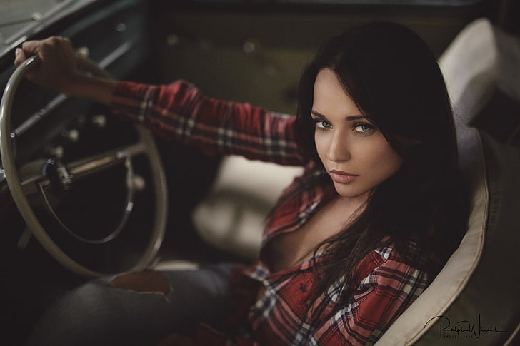 women's red and white plaid sport shirt, Angelina Petrova, women, portrait, depth of field, women with cars, sitting, shirt, pants, torn jeans, car, model, HD wallpaper