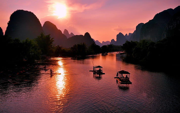 Hermoso paisaje de Yangshuo, Guilin, China, puesta de sol, montañas, río, barcos, Hermoso, Yangshuo, paisaje, Guilin, China, puesta de sol, montañas, río, barcos, Fondo de pantalla HD