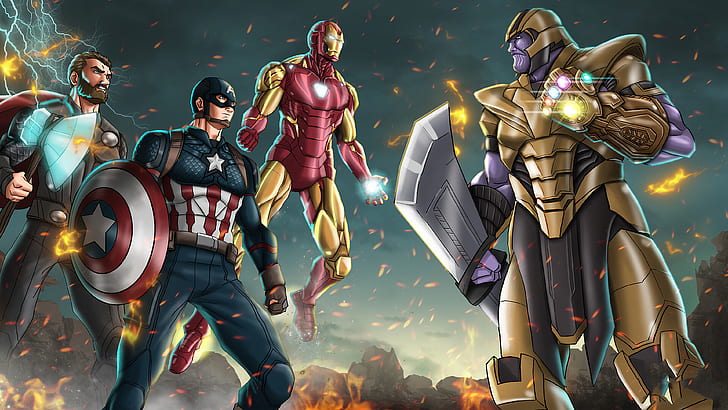 The Avengers, Avengers EndGame, Captain America, Infinity Gauntlet, Iron Man, Marvel Comics, Thanos, Thor, HD тапет