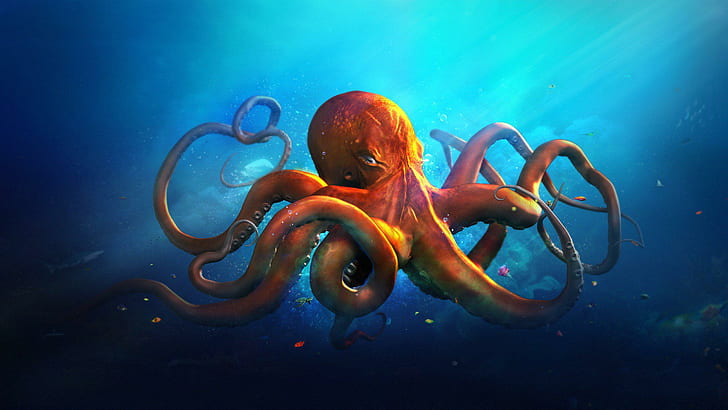 Underwater World Animals Octopus Ocean Sea Fantasy Artwork Art HD 1080p, orange octopus illustration, fishes, 1080p, animals, artwork, fantasy, ocean, octopus, underwater, world, HD wallpaper