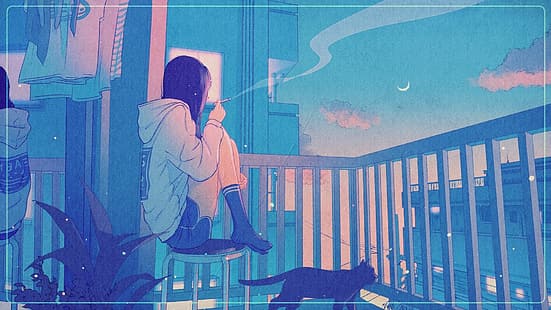 アニメ、アニメの女の子、黒髪、長い髪、タバコ、喫煙、黒猫、夜空、座っている、植木鉢、バルコニー、 HDデスクトップの壁紙 HD wallpaper