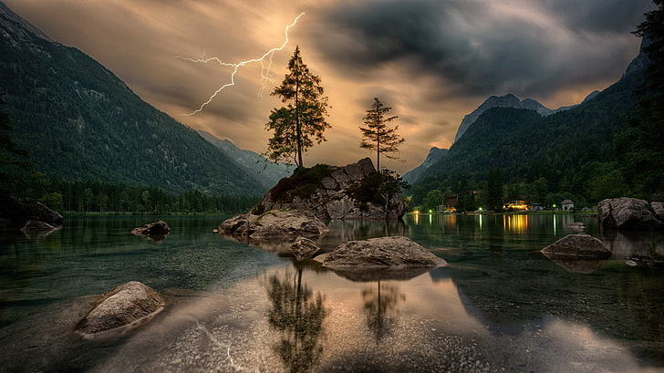batu kelabu, pohon, air, awan, kilat, alam, hutan, Slovenia, Wallpaper HD