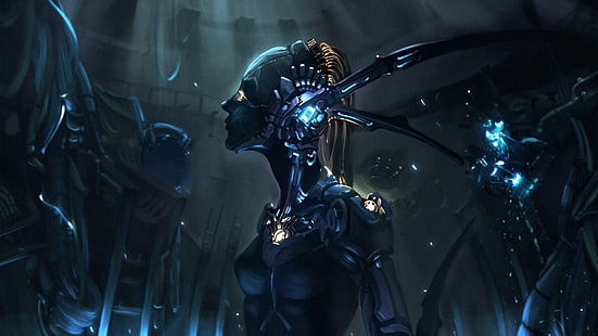 illustration de personnage de robot féminin, machine, futuriste, robot, art numérique, science fiction, Fond d'écran HD HD wallpaper