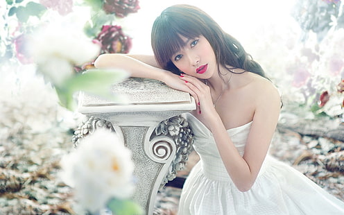 Robe blanche fille asiatique, lèvre rouge, posture, fleurs, blanc, robe, asiatique, fille, rouge, lèvre, posture, fleurs, Fond d'écran HD HD wallpaper