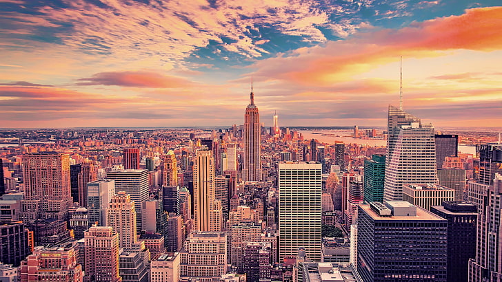 엠파이어 스테이트 빌딩, 뉴욕, 주간, 뉴욕시, 도시 풍경, 도시, 미국, 엠파이어 스테이트 빌딩, 풍경, 구름 동안 뉴욕의 엠파이어 스테이트 빌딩의 항공 사진, HD 배경 화면