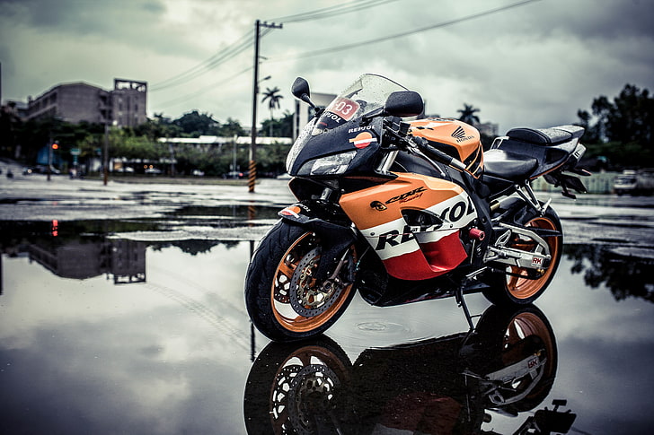 pomarańczowo-czerwony motocykl sportowy Honda CBR 150 Repsol, projekt, tło, motocykl, Honda, Tapety HD