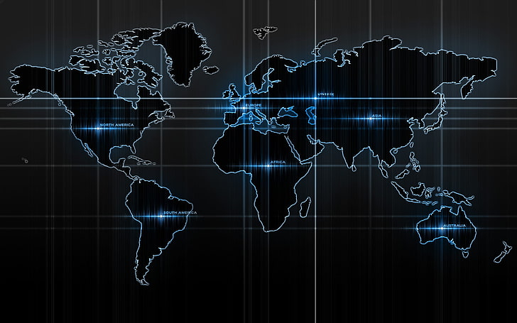 илюстрация на черно-сива карта, карта на света, карта, тъмно, континенти, HD тапет