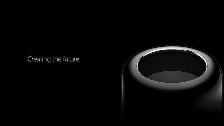 cassa rotonda nera, design, Apple, sfondo nero, qualità, 2014, Mac Pro, potenza nuovo ordine, nero lucido, scienza e tecnologia, Sfondo HD