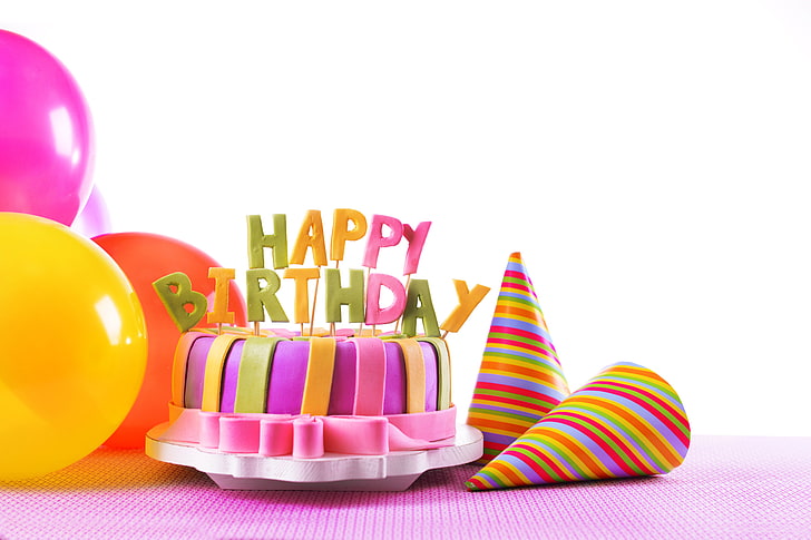 お誕生日おめでとうケーキ、キャンドル、ケーキ、甘い、装飾、幸せ、誕生日、 HDデスクトップの壁紙