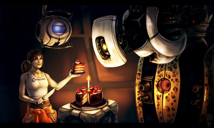 woman standing while holding plate of sliced cake character illustration, Portal (game), Portal 2, GLaDOS, turrets, HD wallpaper
