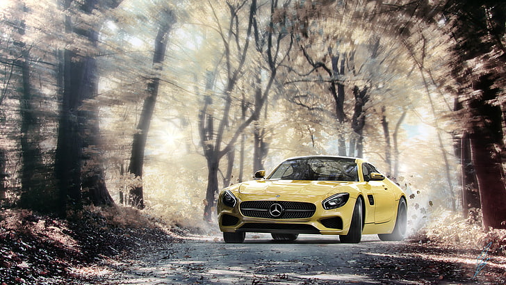 yellow Mercedes-Benz AMG GT coupe, skid, mercedes, amg, HD wallpaper