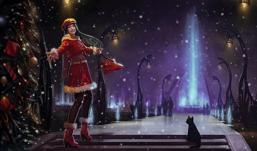 женский персонаж аниме в красных и белых топах с длинными рукавами, цифровые обои, зима, кошка, девушка, снег, ночь, луч, арт, огни, дерево, аллея, веселье, HD обои HD wallpaper