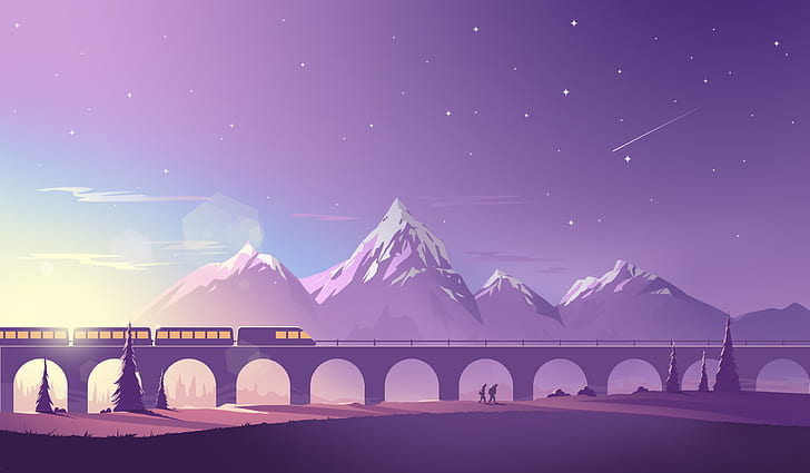 trem, montanhas, ilustração, minimalismo, minimalista, hd, behance, HD papel de parede