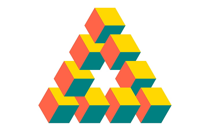 Ilustración triangular de logotipo naranja, rojo y verde, cubo, ilusión óptica, fondo simple, triángulo de Penrose, Fondo de pantalla HD