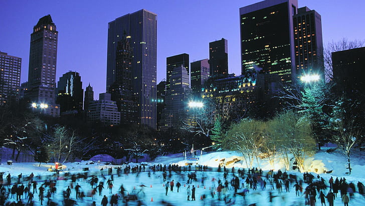 Skaters On Wollman Rink In Central Park, assorted high rise buildings wallpaper, skaters, ice rink, city, park, nature and landscapes, HD wallpaper