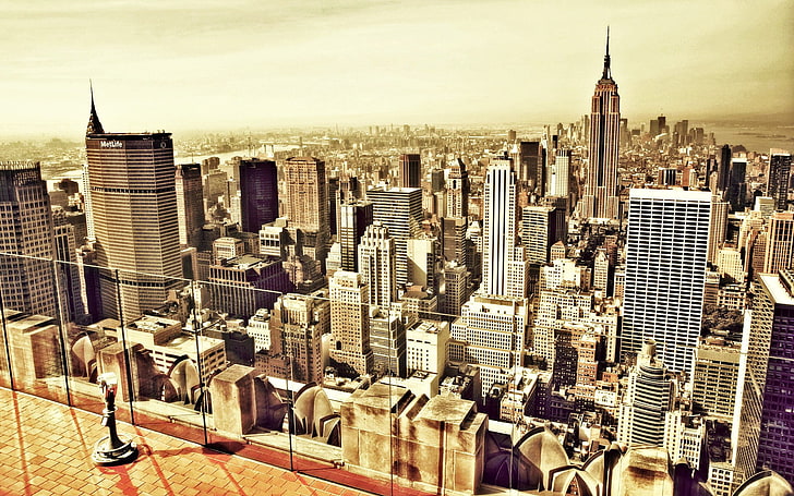Mesa de madera marrón y negra, paisaje urbano, edificio, HDR, Nueva York, EE.UU., Fondo de pantalla HD